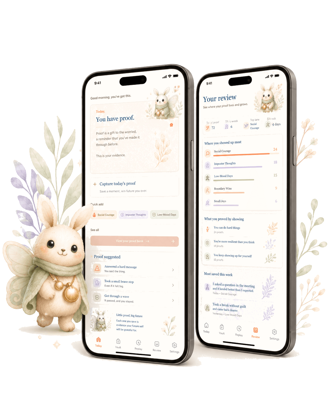 GentleKeep app screens with Kee mascot and soft botanical details.