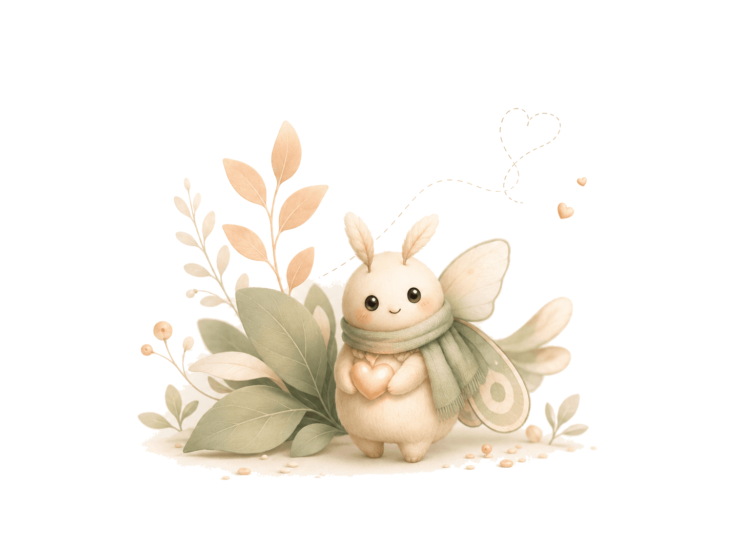 Kee mascot holding a heart beside soft leaves.